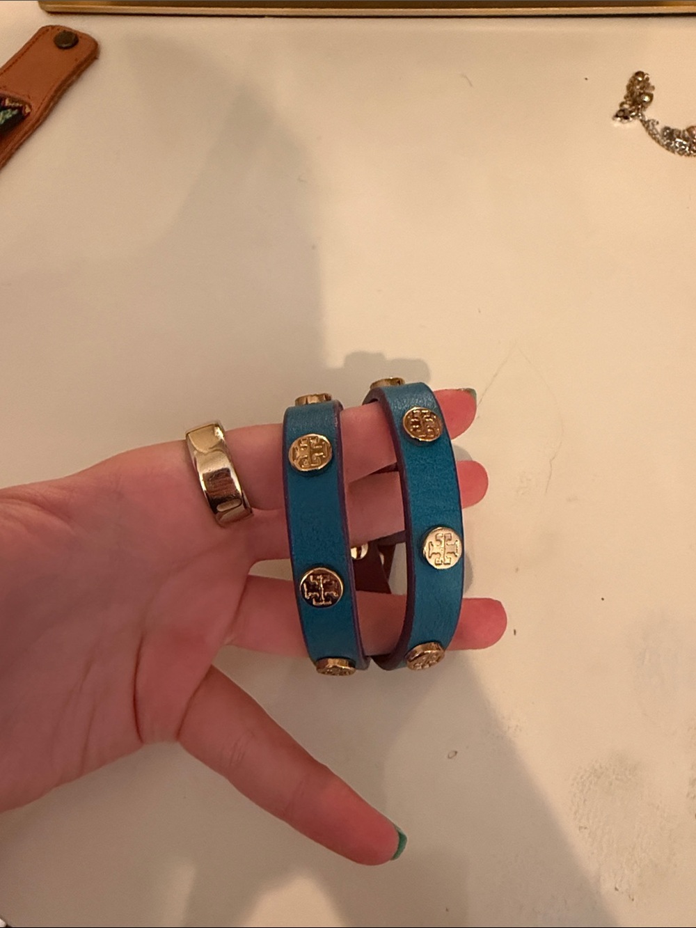 Tory Burch Teal Double-Wrap Leather Bracelet with Gold Logos